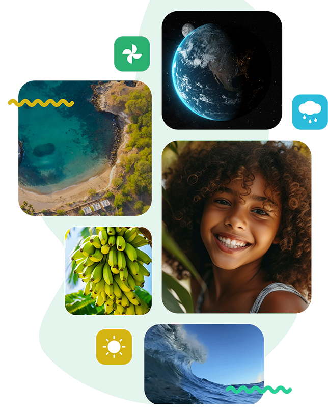 composi&ccedil;&atilde;o de imagens fotogr&aacute;ficas alusivas a cabo verde e elementos gr&aacute;ficos que representam elementos da natureza, como sol, vento, chuva e mar